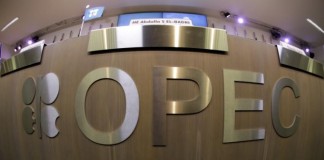 A table with OPEC logo is seen during the presentation of OPEC's 2013 World Oil Outlook in Vienna , in this November 7, 2013 file photo. REUTERS/Leonhard Foeger